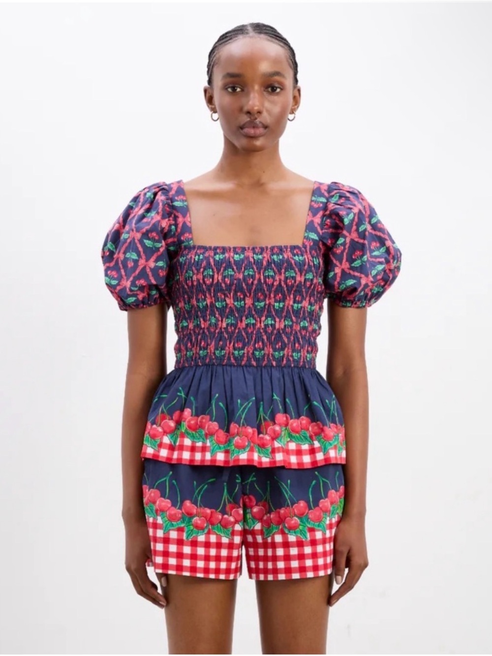 Smocked Navy Cherry-Print Puff Sleeve Top